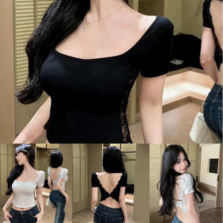 สไตล์เกาหลี Big U สแควร์คอลูกไม้เย็บแขนสั้นเสื้อยืดผู้หญิงด้านข้าง Hollow Halter Slim-fit สั้นสาวร้อนสุภาพสตรีแฟชั่น Top