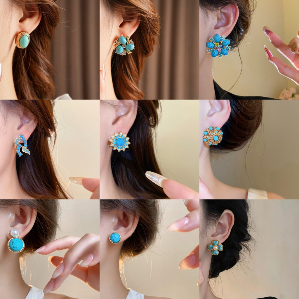 ต่างหูสตั๊ดทรงเรขาคณิตลายดอกไม้สไตล์วินเทจสีน้ําเงินซอกดีไซน์บุคลิกภาพเฉพาะแฟชั่นทุกวันอุปกรณ์เสริมอเนกประสงค์