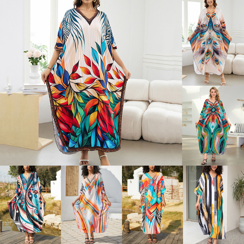 ชุดว่ายน้ํา Cover Ups Plus ขนาด V คอ Foral พิมพ์ Maxi Dress แยก Tunic สําหรับชายหาดผสมสี