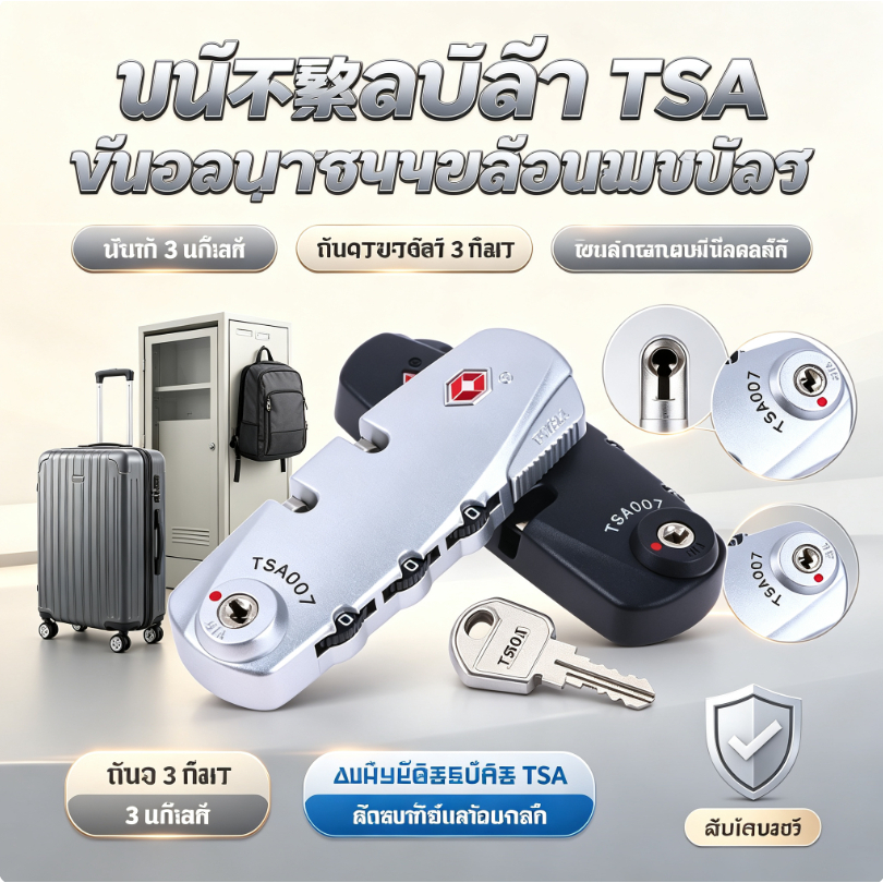 กุญแจรหัส TSA สำหรับกระเป๋าเดินทาง กระเป๋าเป้ ล็อกเกอร์ 3 หลัก ปลอดภัย ทนทาน ใช้งานง่าย