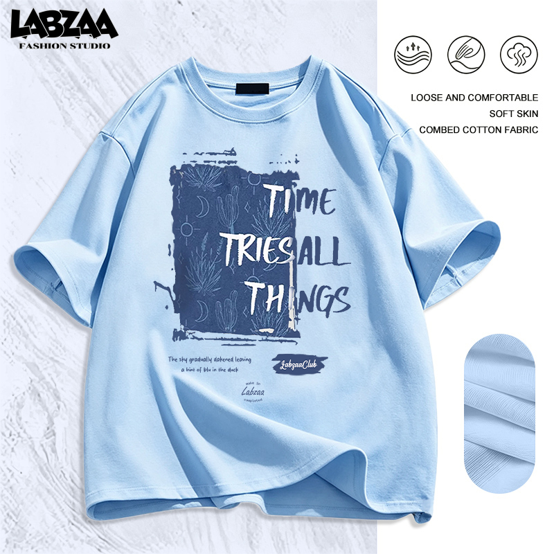 【จัดส่งจากกรุงเทพฯ】LABZAA เสื้อยืดแขนสั้นคอกลม วินเทจฟอกน้ำ ลวดลายแฟชั่น Oversized ระบายอากาศ ผ้าฝ้าย 100% YG563