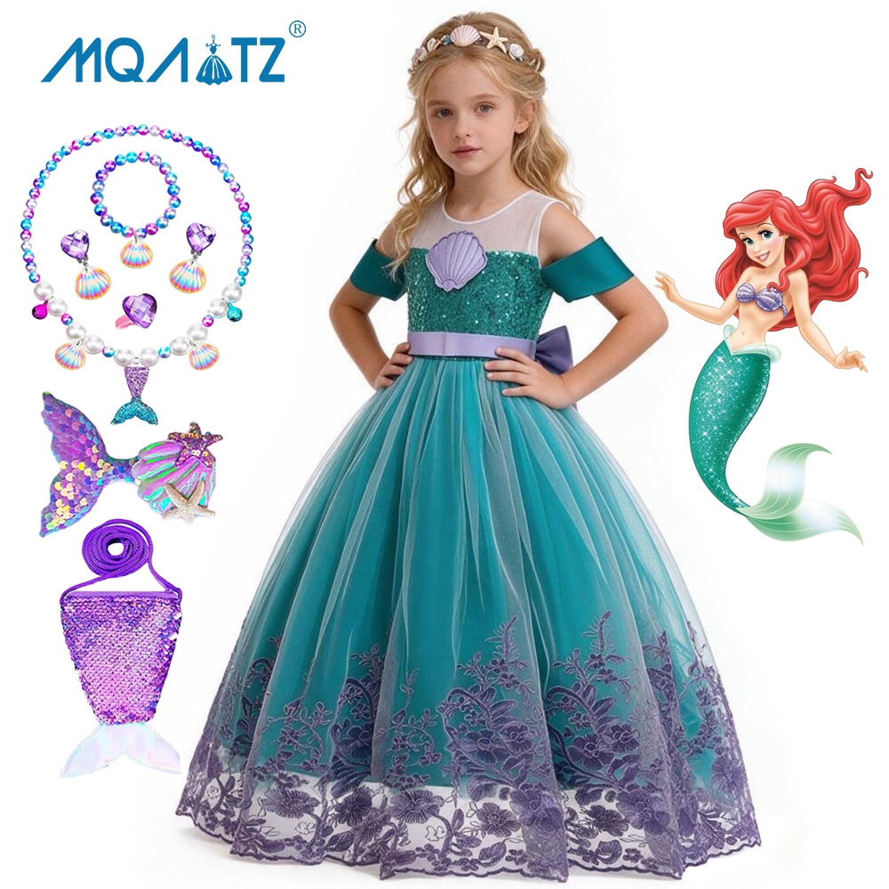 MQATZ Mermaid เด็กชุดคอสเพลย์สําหรับสาวเด็กเครื่องแต่งกายเด็กผู้หญิงลูกไม้ชุดเจ้าหญิงวันเกิดแฟนตาซี MRY003