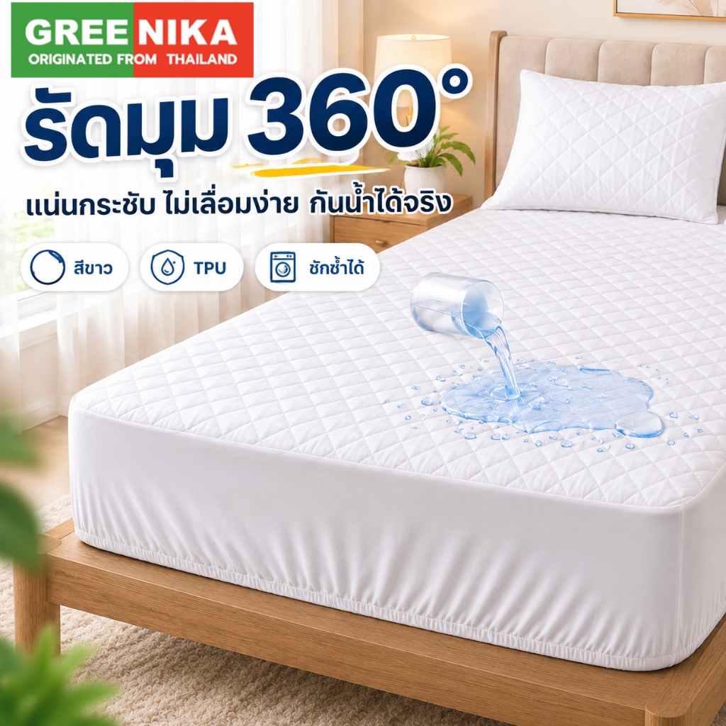 GREENIKA ผ้าปูที่นอนกันน้ำสำหรับสัตว์เลี้ยง ผ้ารองกันฉี่ TPU กันเปื้อน รัดมุม 4 ด้าน ขนาด 3.5/5/6 ฟุต