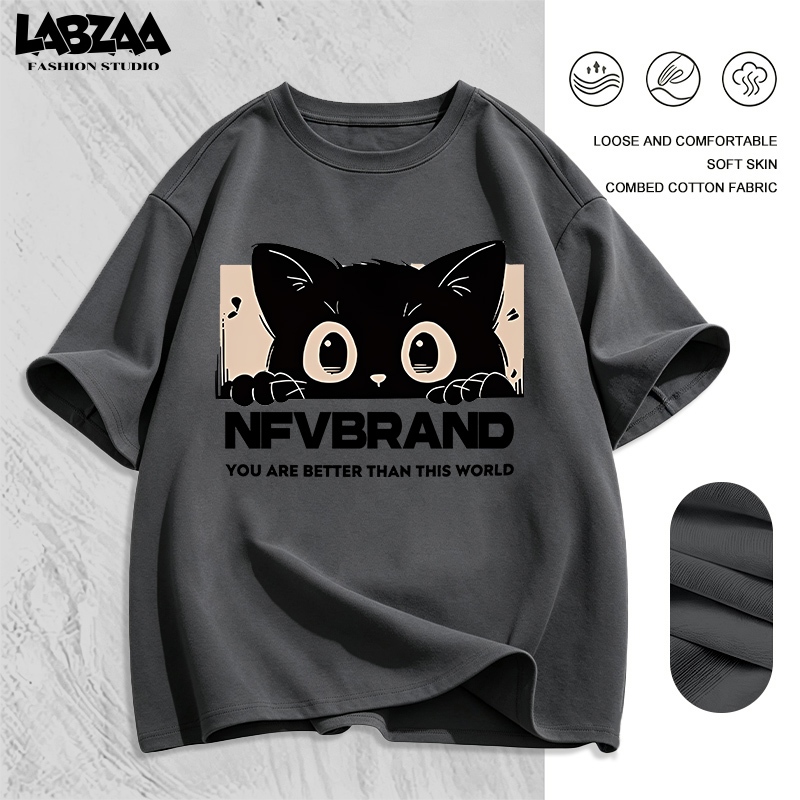 【จัดส่งจากกรุงเทพฯ】LABZAA เสื้อยืดแขนสั้นคอกลม วินเทจฟอกน้ำ Oversized ลายพิมพ์แมวน่ารัก ระบายอากาศ ผ้าฝ้าย 100% YG438