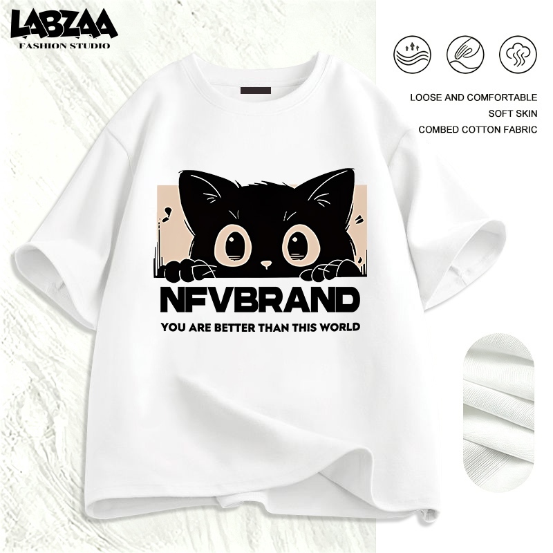 【จัดส่งจากกรุงเทพฯ】LABZAA เสื้อยืดแขนสั้นคอกลม วินเทจฟอกน้ำ Oversized ลายพิมพ์แมวน่ารัก ผ้าฝ้าย 100% YG438