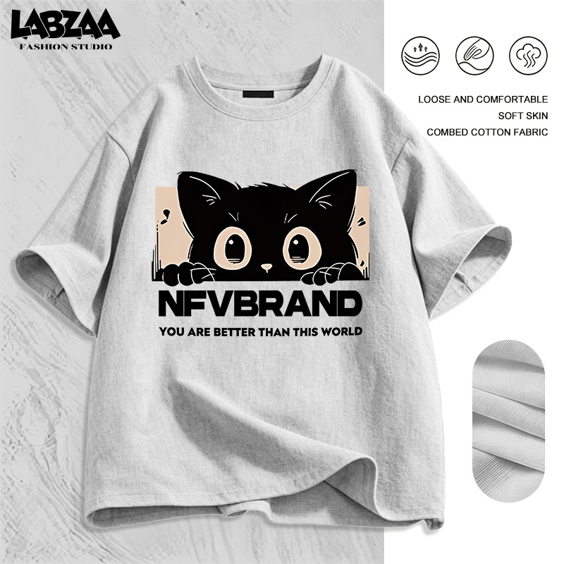 【จัดส่งจากกรุงเทพฯ】LABZAA เสื้อยืดแขนสั้นคอกลม วินเทจฟอกน้ำ ลายแมวน้อยสีดำ Oversized ระบายอากาศ ผ้าฝ้าย 100% YG438