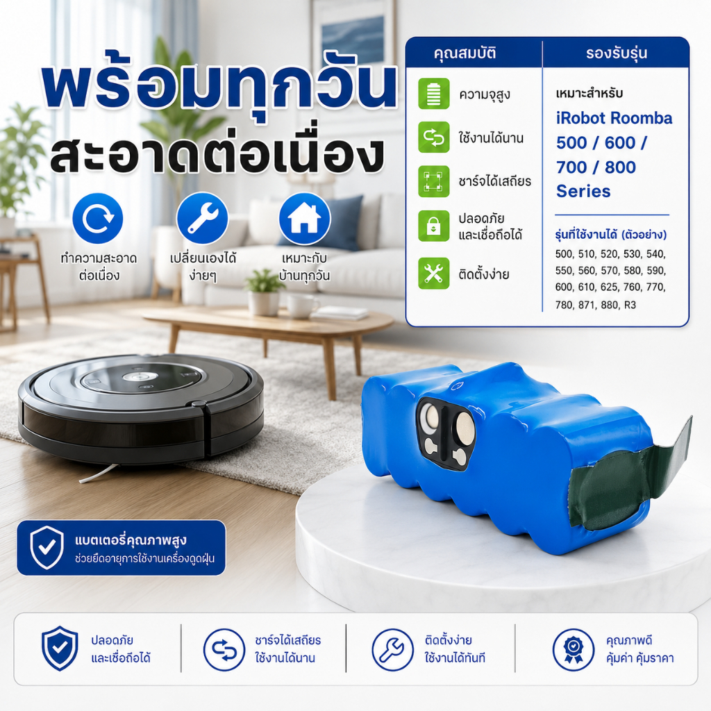 IRobot Roomba 500, 600, 700, 800, 620, 650, 770, 780, 580 Series แบตเตอรี่หุ่นยนต์ดูดฝุ่น – แบตเตอรี