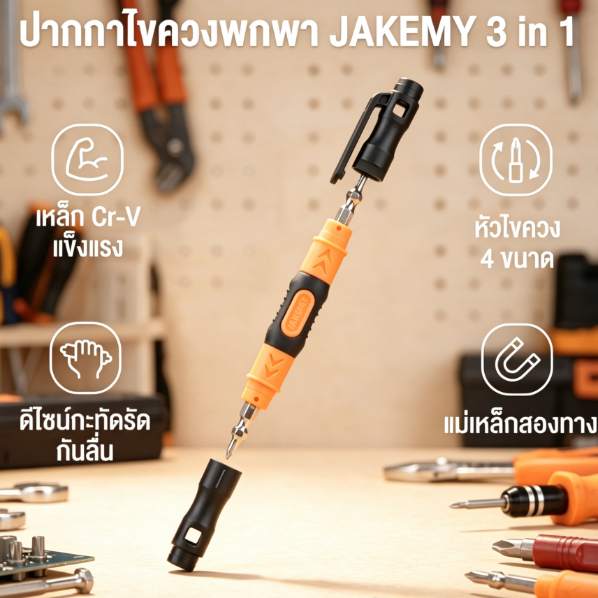 Jakemy 3 in 1 ปากกาไขควงสองหัว แบบพกพา พร้อมดอกไขควงแม่เหล็กสองทาง และดอกแฉก สําหรับซ่อมแซมแว่นตา DIY