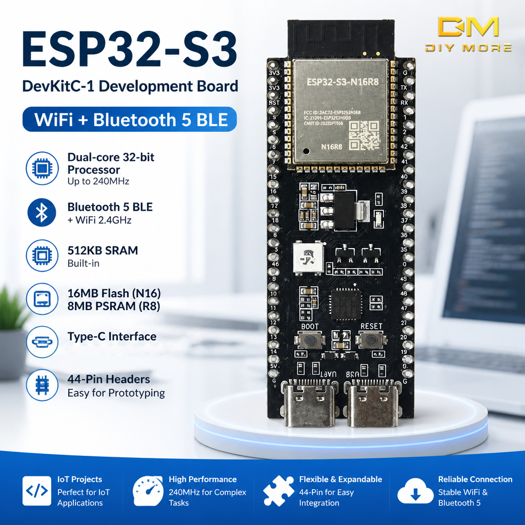 DIYMORE บอร์ดพัฒนา ESP32-S3-DevKitC-1 N16R8-โมดูล WiFi บลูทูธ 5 ชิป Dual Core 240MHz แรม 8MB/แฟลช 16MB รองรับ AI และ IoT