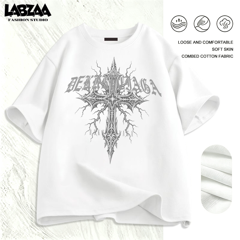 【จัดส่งจากกรุงเทพฯ】LABZAA เสื้อยืดแขนสั้นคอกลม วินเทจฟอกน้ำ ลวดลายแฟชั่น Oversized ระบายอากาศ YG4604