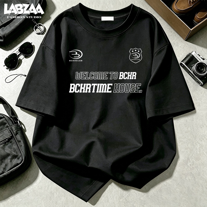 【จัดส่งจากกรุงเทพฯ】LABZAA เสื้อยืดแขนสั้นคอกลม วินเทจฟอกน้ำ Oversized ลายตัวอักษร ระบายอากาศ ผ้าฝ้าย 100% YG599