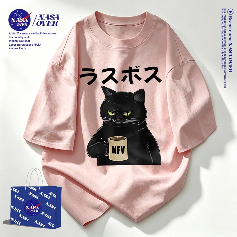【จัดส่งจากกรุงเทพฯ】 เสื้อยืด cotton ยูนิเซ็กส์ ฤดูร้อน แขนสั้น สไตล์ญี่ปุ่น ลายแมวดำดื่มกาแฟ แฟชั่น oversize คอกลม YG1184