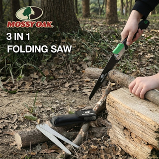 MOSSY OAK เลื่อยพับ 3 in 1 เลื่อยตัดกิ่งไม้ เลื่อยมือตัดแต่งกิ่งพร้อมใบมีดไม้, โลหะและ PVC, แคมป์ปิ้งสําหรับแบกเป้, บุชคราฟ, รวมกระเป๋า