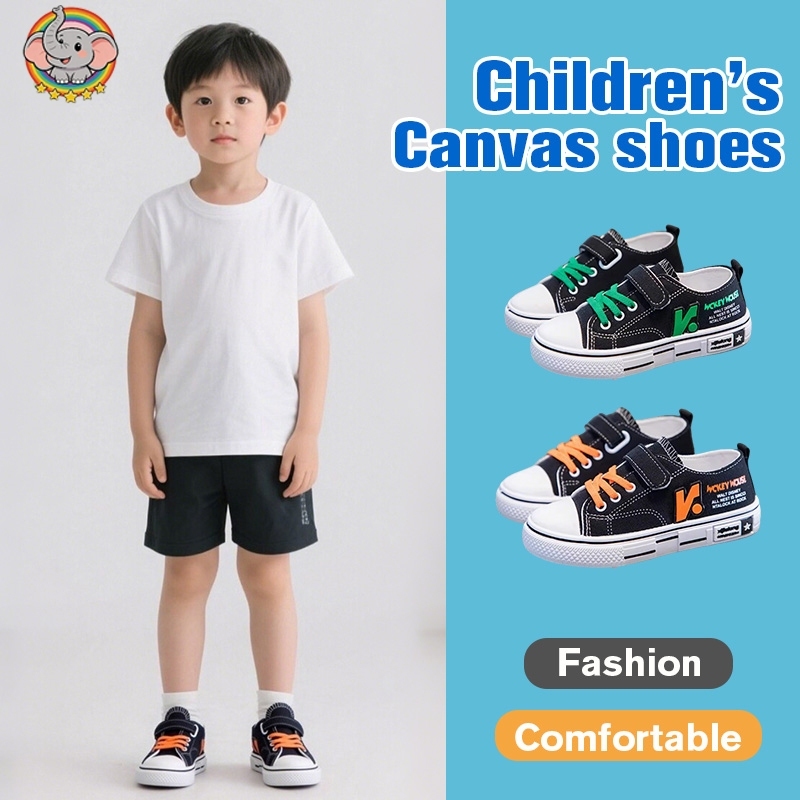 【สินค้าพร้อมส่งในไทย】รองเท้าผ้าใบ Velcro เด็กระบายอากาศรองเท้าคณะกรรมการสบายๆ วิทยาลัยป้องกันการลื่นที่ทนต่อการสึกหรอ