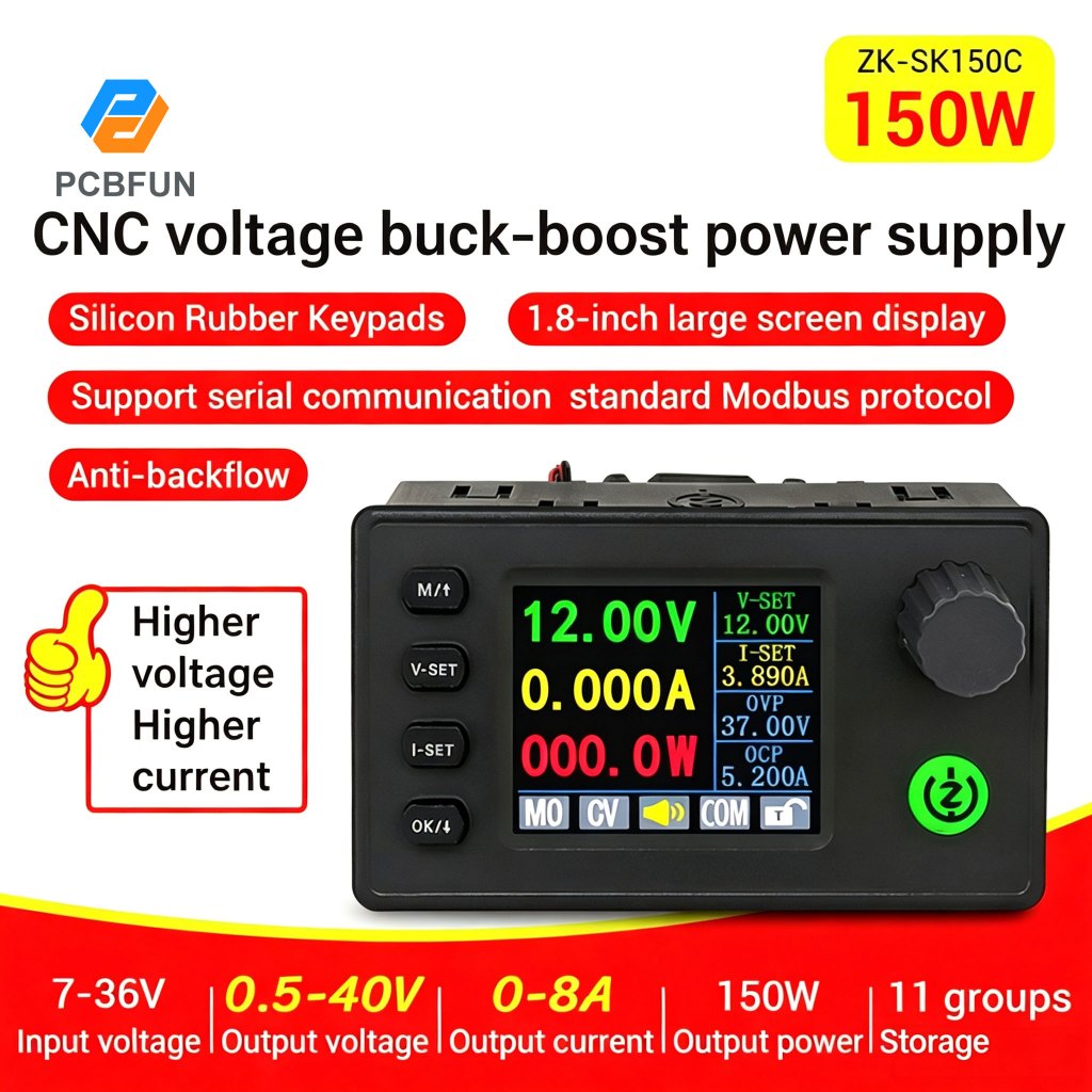 Pcbfun SK150C หน้าจอสี 1.8 นิ้ว CNC ยกแรงดันไฟฟ้า DC ปรับตัวควบคุมโมดูลจ่ายไฟ DC 7-36V 8A 150W