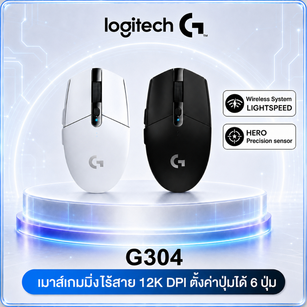 Logitech G304 LIGHTSPEED™ เมาส์เกมมิ่งไร้สาย | 12,000 DPI, 6 ปุ่มมาโคร | น้ำหนักเบา, แบตเตอรี่ 250 ชั่วโมง | มีให้เลือกทั้งสีดำและขาว