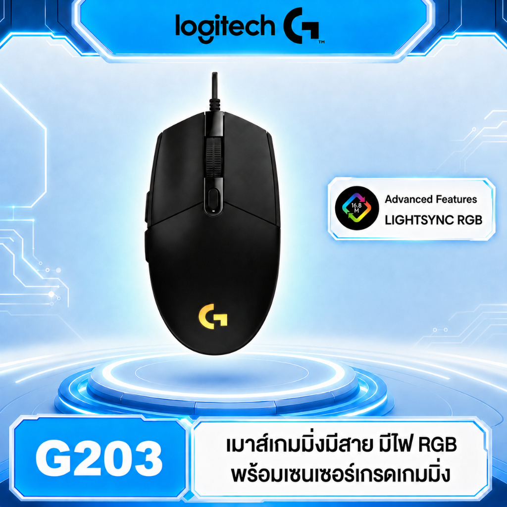 Logitech G203 LIGHTSYNC Wired Gaming Mouse (เมาส์สําหรับเล่นเกม RGB พร้อมปุ่มตั้งโปรแกรมได้ 6 ปุ่ม เ