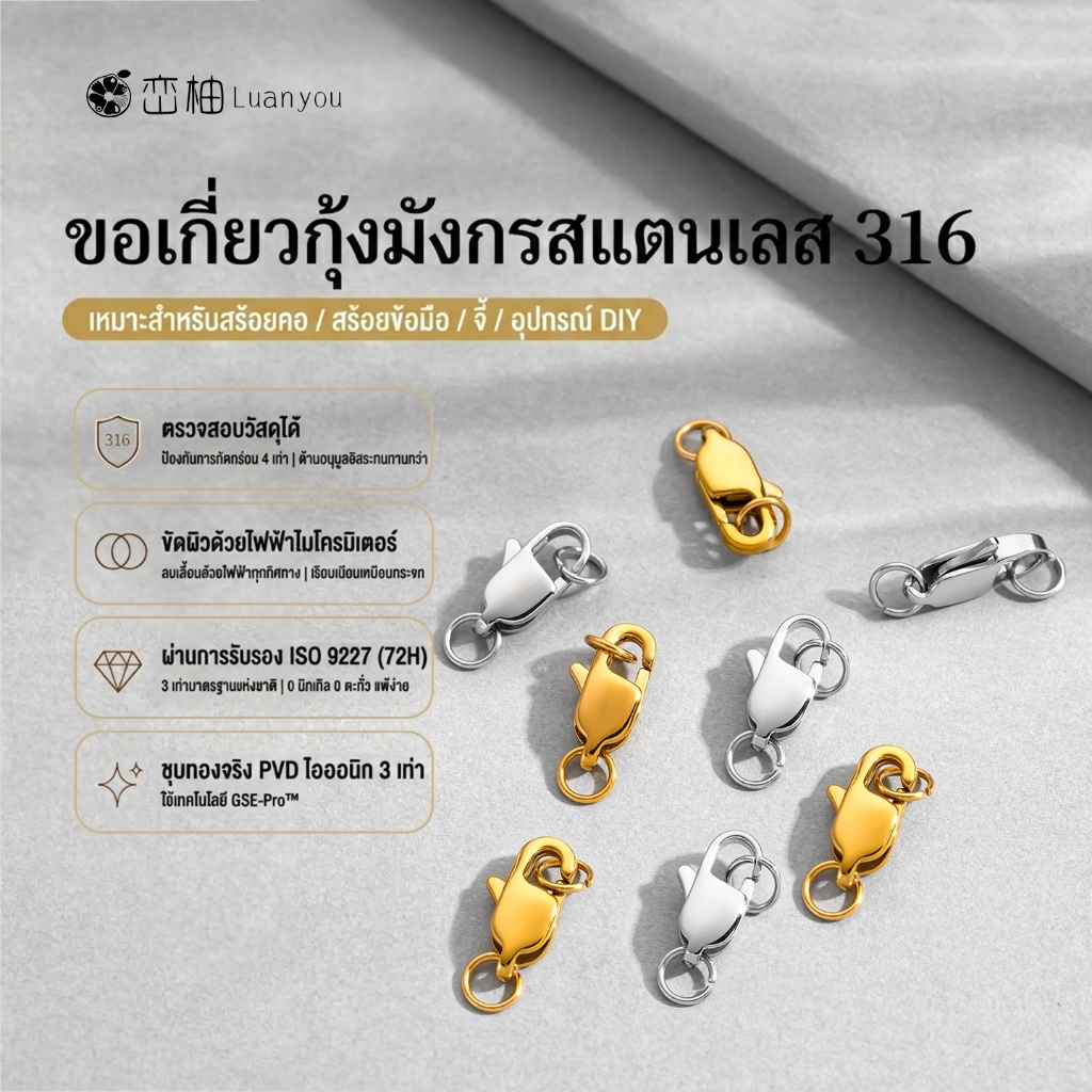 LuanYou ตะขอก้ามปูสแตนเลส 316 พร้อมห่วงเชื่อมสองด้าน สำหรับสร้อยคอ สร้อยข้อมือ และงาน DIY