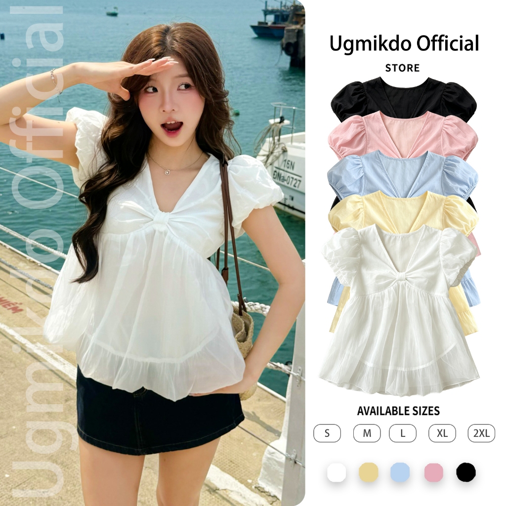 ผู้หญิง เสื้อแขนฟอง การออกแบบโบว์ น่ารัก เสื้อแขนสั้นหลวม
