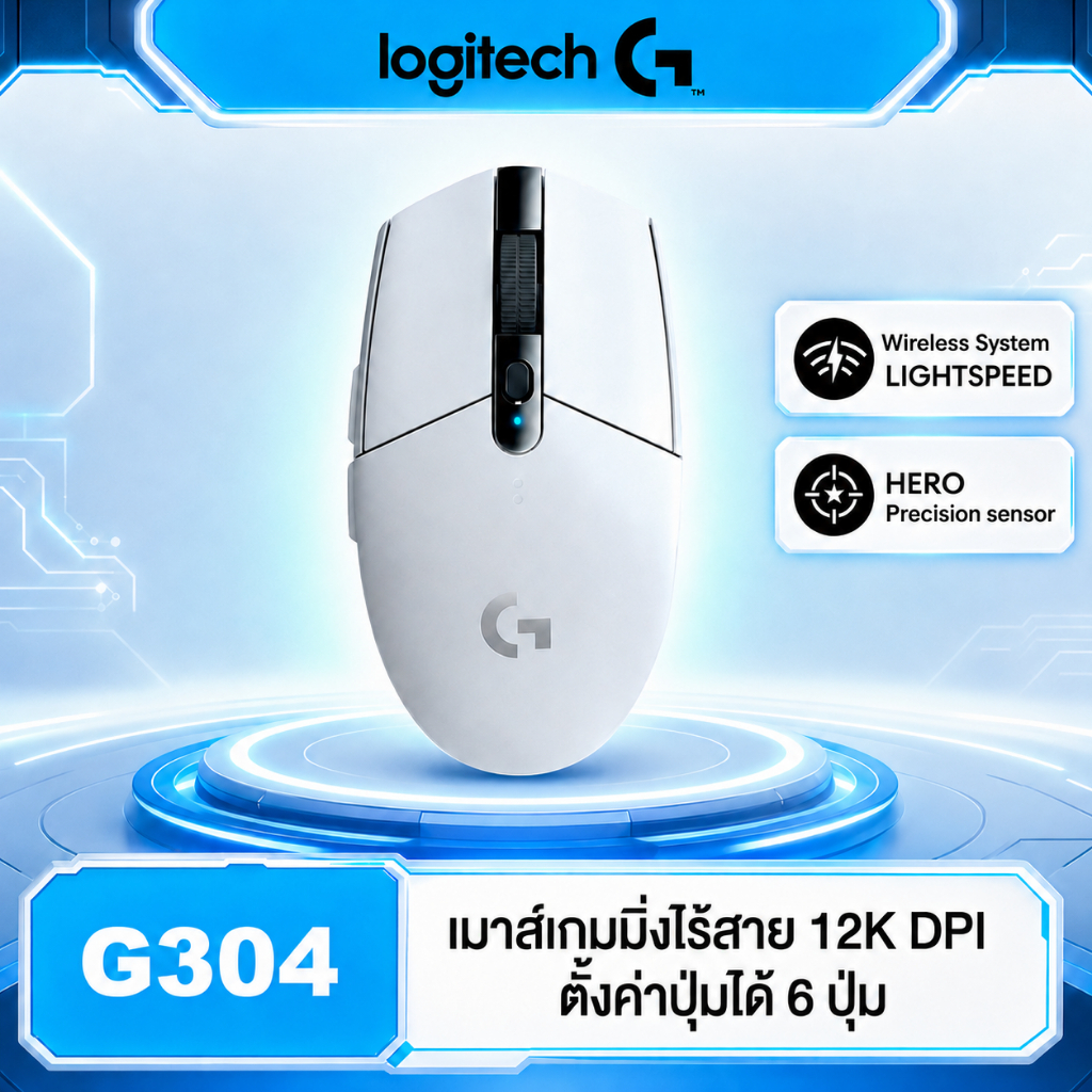 Logitech G304 LIGHTSPEED™ Wireless Gaming Mouse 12,000 DPI, 6 Makro Keys - White ( เมาส์เกมมิ่ง ไร้สาย)