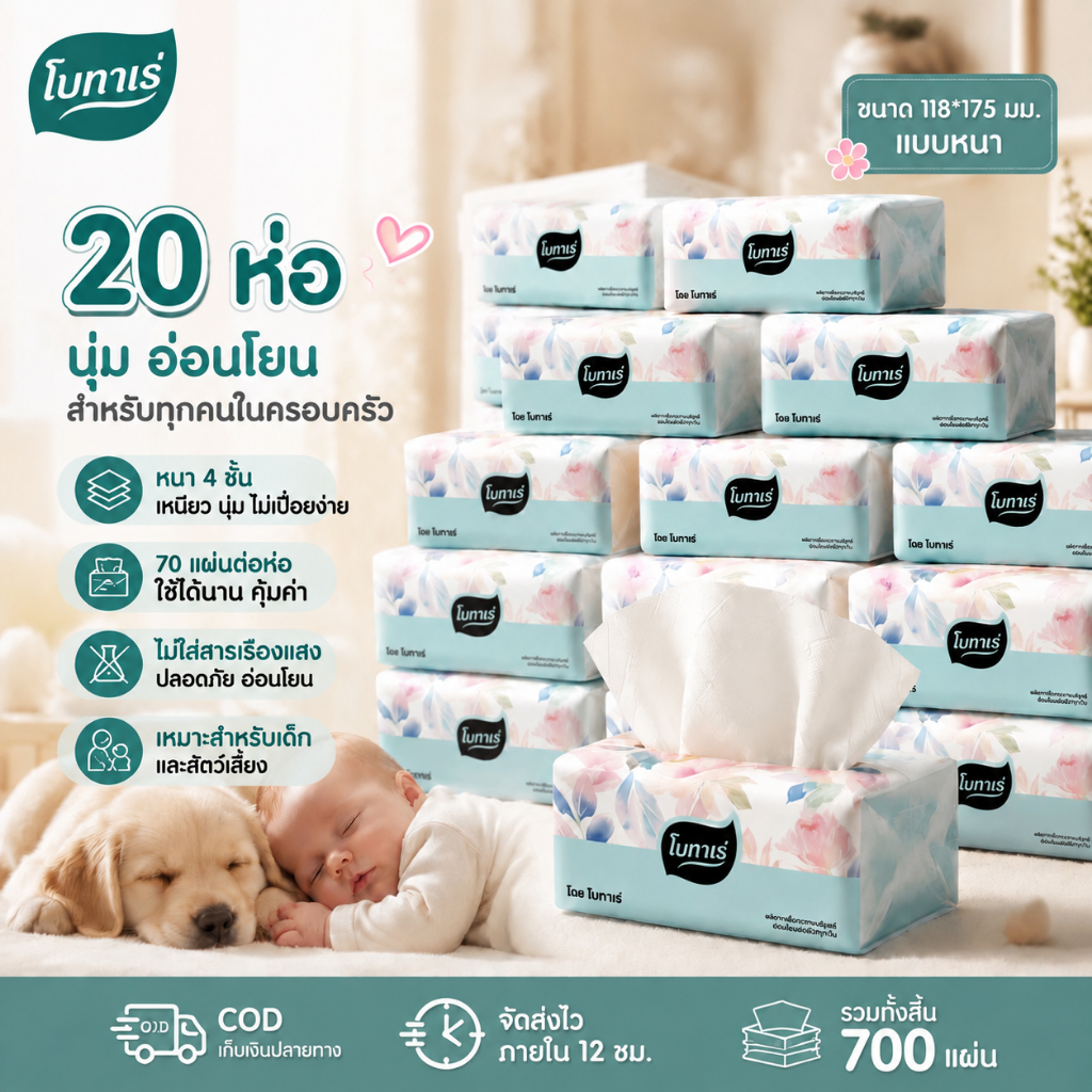 【20 แพ็ค】 Botare กระดาษทิชชู่เนื้อนุ่ม 4 ชั้น จำนวน 1400 แผ่น ขนาด 118×175 มม. ไม่ผ่านการฟอกขาว ปลอดภัยสำหรับสัตว์เลี้ยงและทารก