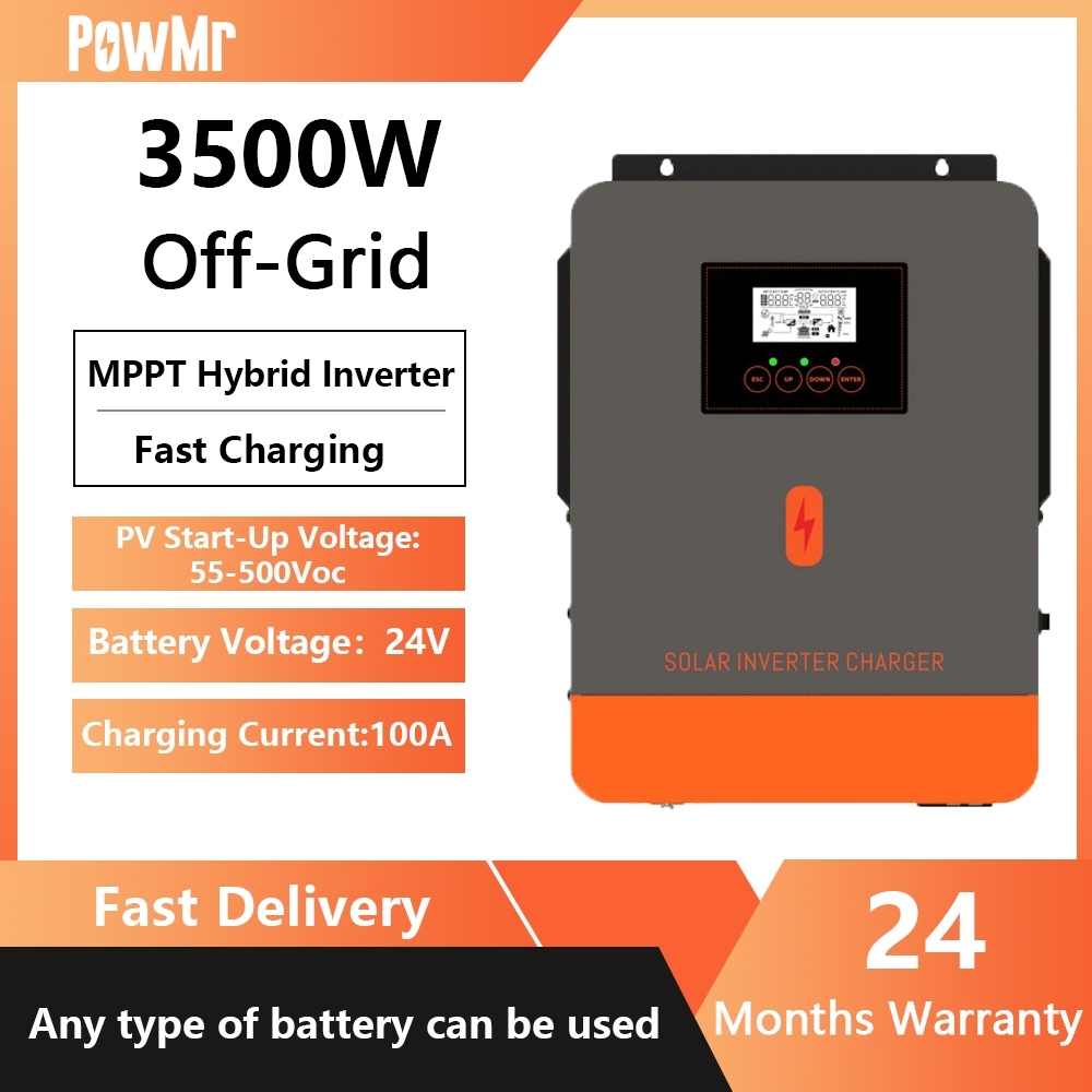 Powmr อัพเกรด MPPT 3.5KW Pure Sine Wave Off Grid Solar Hybrid อินเวอร์เตอร์ 230Vac PV เริ่มต้นแรงดันไฟฟ้า 55Voc ในตัว 100A Solar Controller 50/60Hz รองรับอัตโนมัติ 24V Lifepo4 แบตเตอรี่