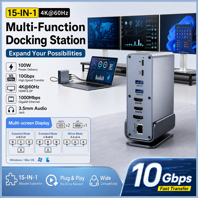 15 in 1 แนวตั้ง HUB Docking Staion หลายพอร์ต USB 3.0 HDMI PD 4K @ 60Hz ความละเอียด RJ45 เสียง 3.5 มม.อะแดปเตอร์สําหรับ PC แล็ปท็อป