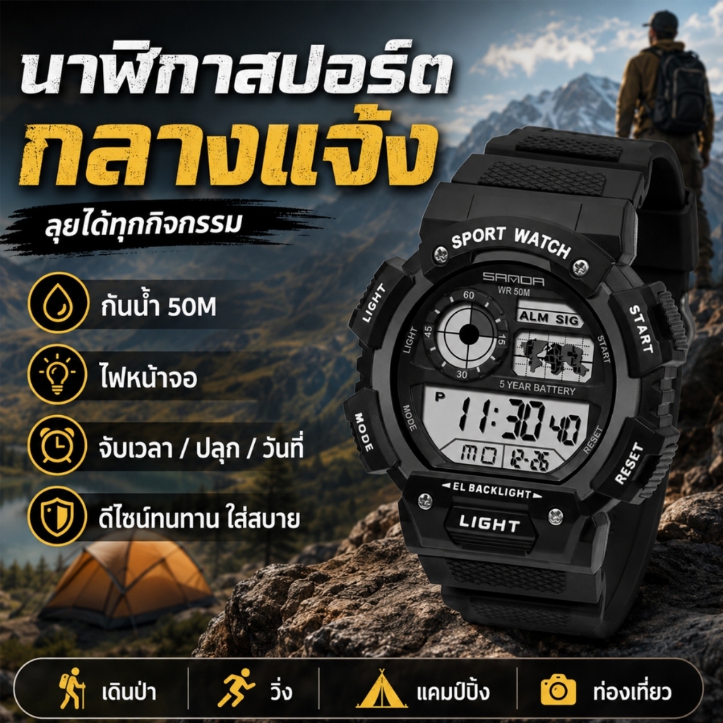 นาฬิกา SANDA รุ่น 6009 แบบดิจิตอล LED กันน้ำ 5BAR สำหรับกิจกรรมกลางแจ้ง