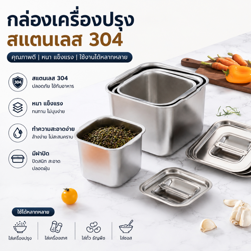 ส่งจากไทย กล่องเครื่องปรุง กล่องใส่เครื่องปรุงสแตนเลส ที่ใส่เครื่องปรุง อเนกประสงค์ แข็งแรง ทนทาน ใช้งานง่าย ทำความสะอาดง่าย