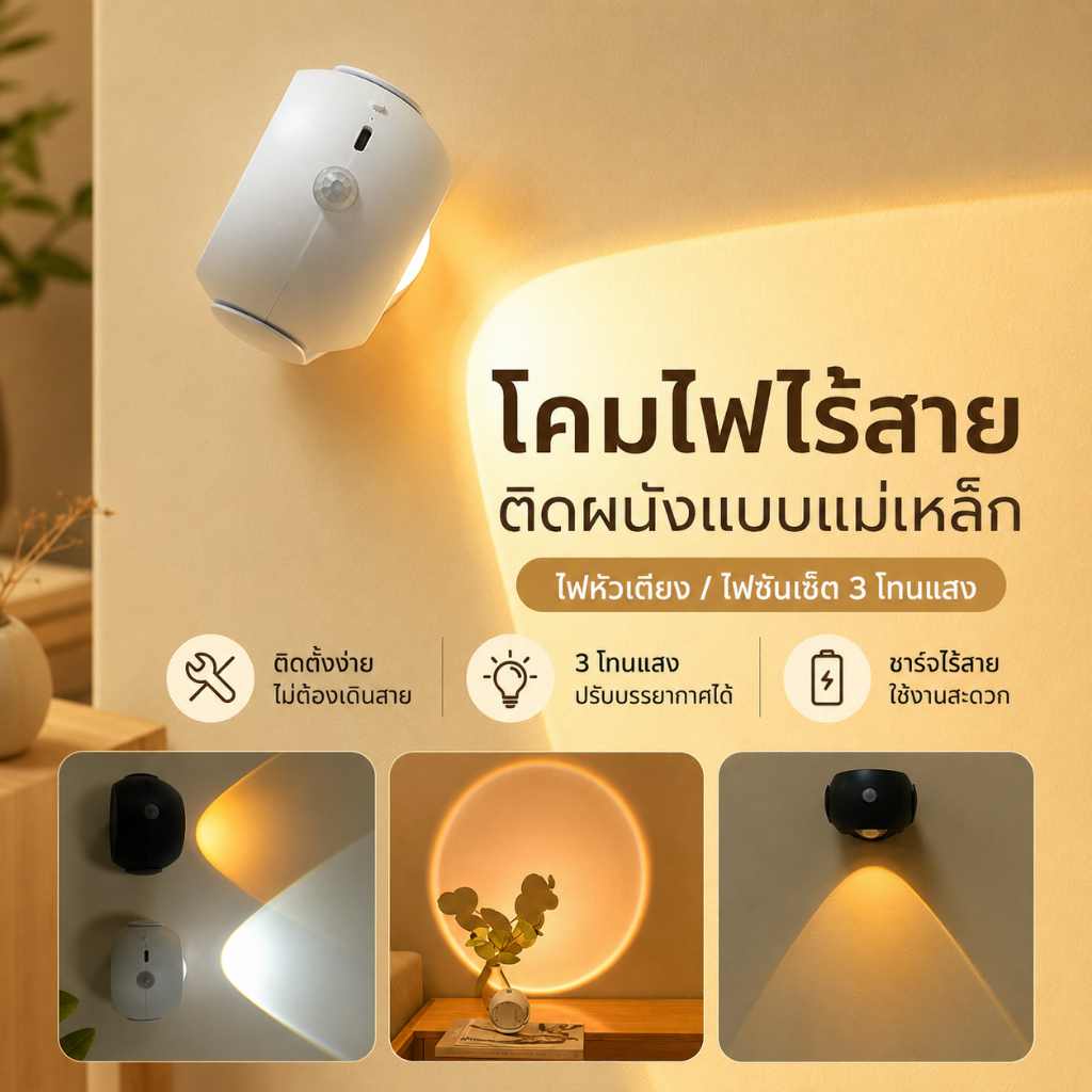 เซ็นเซอร์ไฟกลางคืนอัจฉริยะเซ็นเซอร์ร่างกายมนุษย์แสงไร้สายพระอาทิตย์ตกท่องเที่ยวโคมไฟติดผนังแบตเตอรี่แบบชาร์จไฟไฟกลางคืน