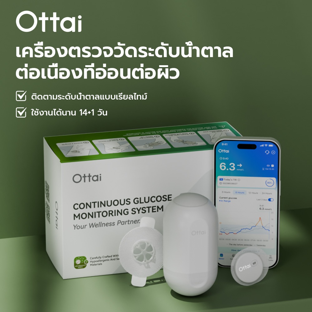 Ottai เครื่องวัดน้ําตาลกลูโคสอย่างต่อเนื่องที่เป็นมิตรกับผิว
