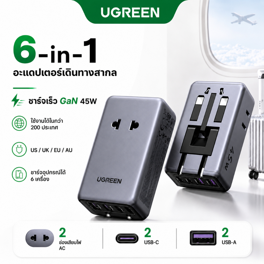 UGREEN PD 45W Universal Travel Adapter EU/UK/US/AU Plug Ultra-Thin Design Smaller GaN ปลั๊กแบบพับได้สําหรับการเดินทางเพื่อธุรกิจ