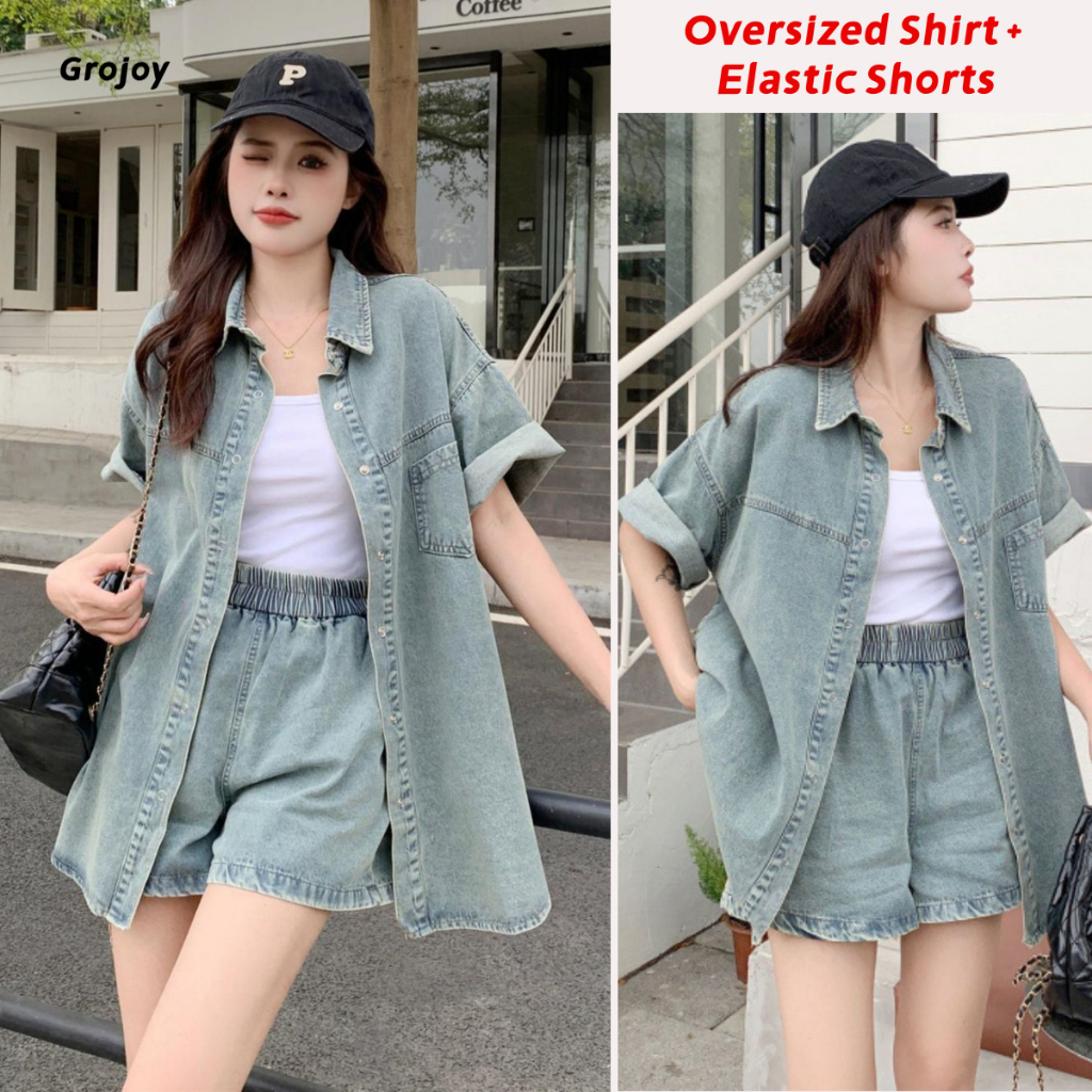 [Grojoy] (คลังสินค้าพร้อม) ชุดยีนส์ผู้หญิงแฟชั่น Retro Top + กางเกงขาสั้นชุดสูทสองชิ้น GR3356 #