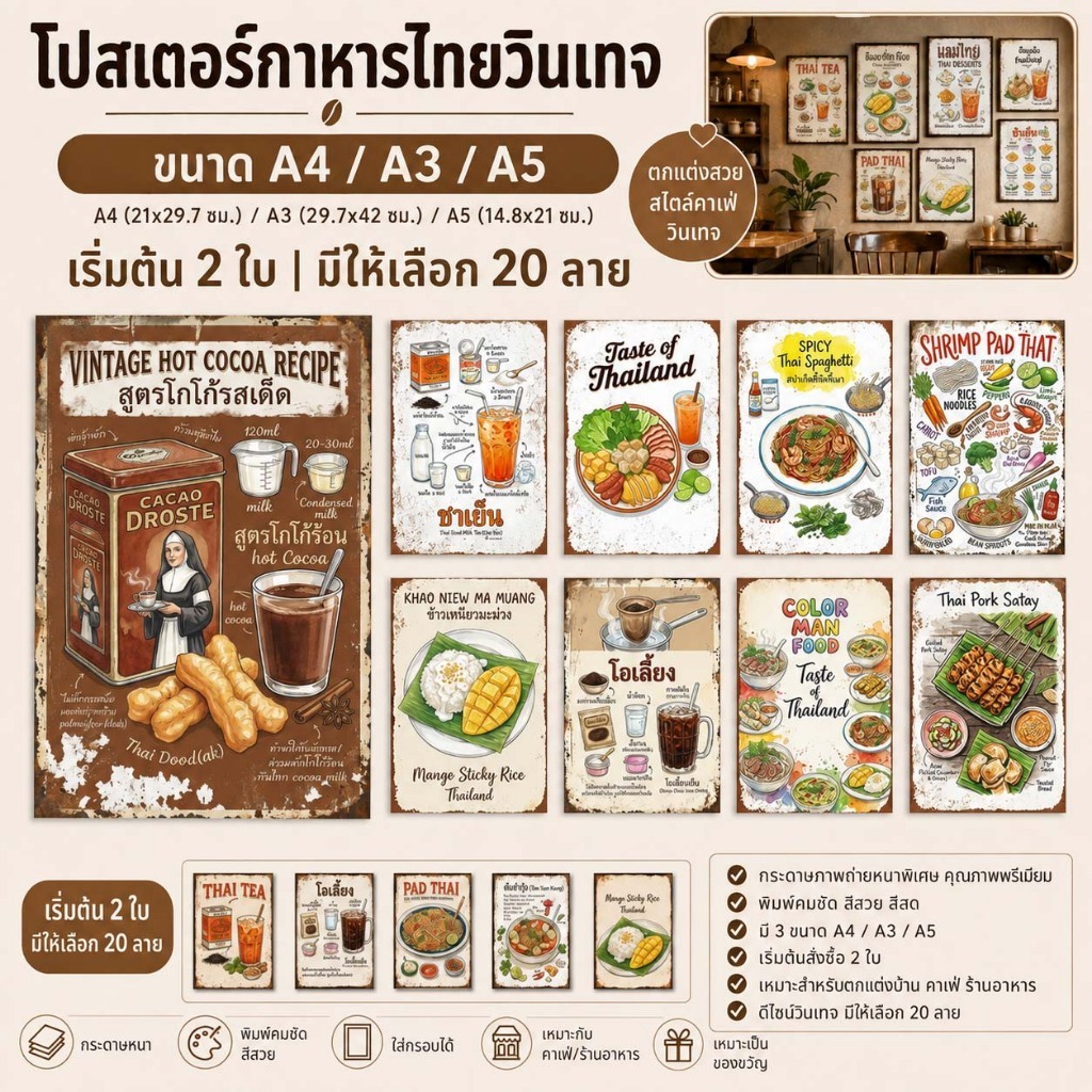 (โปสเตอร์กระดาษ)โปสเตอร์อาหารไทย สูตรอาหารไทยวินเทจ A5/A4/A3 มีให้เลือก.กระดาษโฟโต้หนา ภาพติดผนังแต่งครัว คาเฟ่ ร้านอาหาร ไม่รวมกรอบ