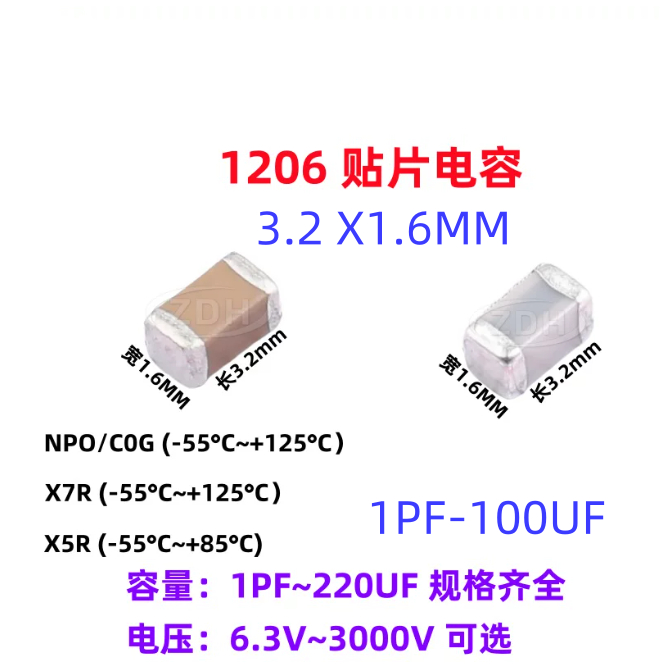 50PCS 1206 ชิปตัวเก็บประจุ 3.2 มม.1PF-100PF 4PF 4.7PF 5PF 5.6PF 6.8PF 8PF 0.5PF 1.5PF 1.8PF 2PF 2.2P