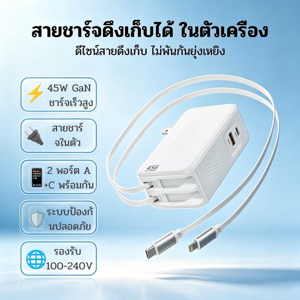 45W GaN Fast Charger หัวชาร์จเร็ว สายยืดหดได้ในตัว 2 พอร์ต A+C พกพาง่าย รองรับแล็ปท็อป โทรศัพท์ แท็บเล็ต