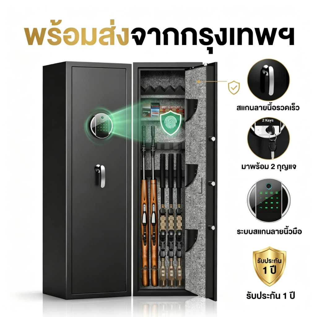 ตู้เซฟปืน ล็อคนิ้วมือ+รหัสผ่าน เก็บปืนได้5ใบ ตู้เก็บปืนดิจิตอล กันขโมย Gunsafe ประกัน1ปี สต็อกพร้อมส่งจากกรุงเทพฯ