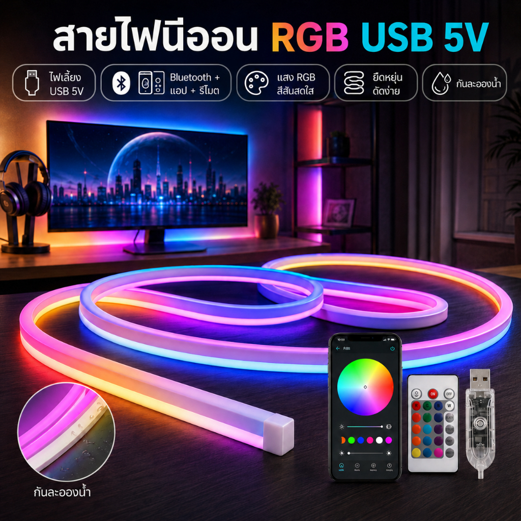 NHLS Neon Flex แถบไฟ LED RGBIC ดรีมคัลเลอร์ 5V USB กันน้ำ IP67 ควบคุมผ่าน APP และรีโมท ซิงค์ตามเสียงเพลง แบบยืดหยุ่น ใช้ตกแต่งห้องนอน ห้องนั่งเล่น มุมทำงาน PC และกลางแจ้ง
