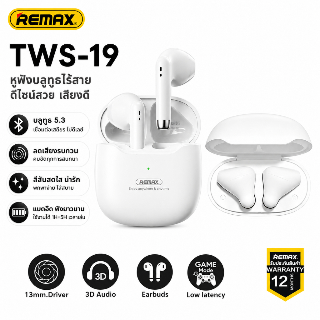 REMAX TWS-19 หูฟังบลูทูธไร้สาย Bluetooth 5.3 หูฟังไร้สายทรง Half In-Ear พร้อมกล่องชาร์จ เสียงสเตอริโอ