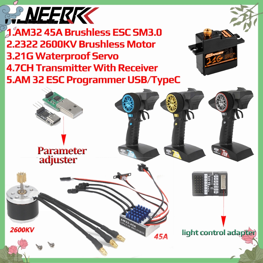 NEEBRC 2322 2600KV มอเตอร์ไร้แปรง AM32 45A ESC Param อะแดปเตอร์ 21G Servo 7CH TX & RX สําหรับ 1/12 R