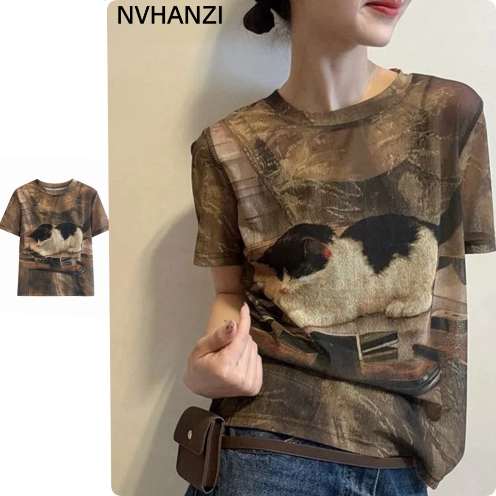 ฤดูร้อนสไตล์ใหม่แมวพิมพ์ซีทรูตาข่ายแขนสั้นเสื้อยืดผู้หญิงออกแบบสบายๆ ผอมลง ดูบางด้านบน