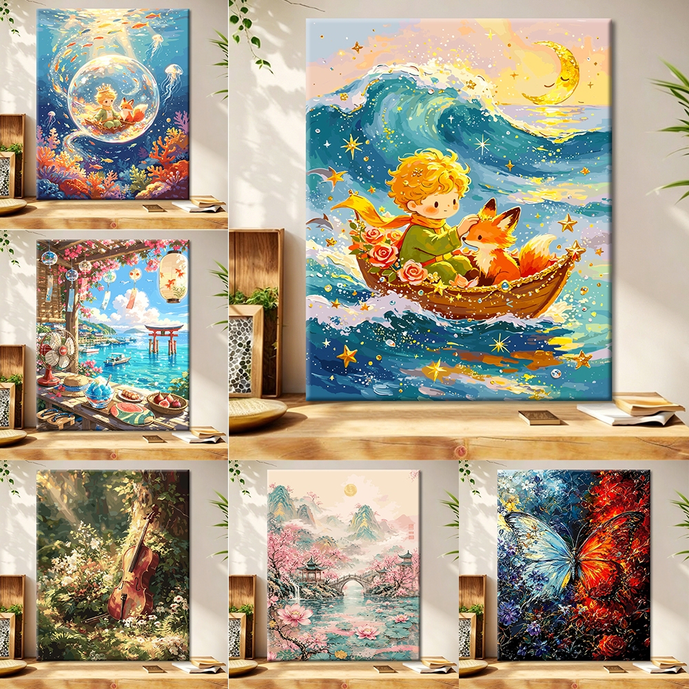 ระบายสีตามตัวเลข / ศิลปะผนัง / ภาพวาดผ้าใบ / ตกแต่งห้องนั่งเล่น / ตกแต่งบ้าน / วอลล์เปเปอร์ / เจ้าชายน้อย ทิวทัศน์