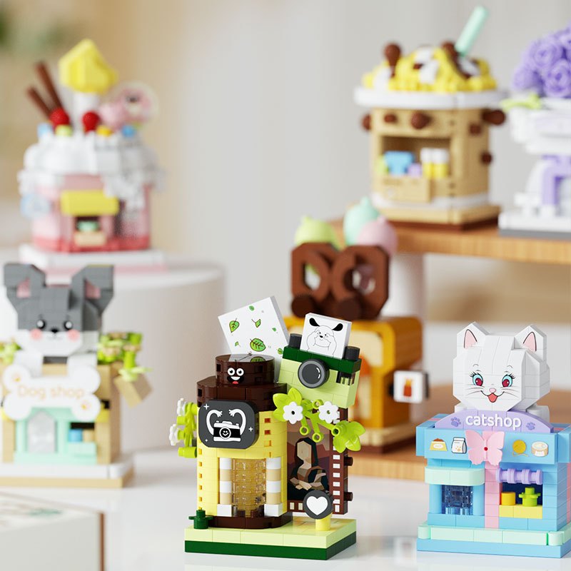 9 ชิ้น/เซ็ต Street View Small Shop Series Coffee Shop Hamburg Coffee Flower Shop Building Blocks ของ