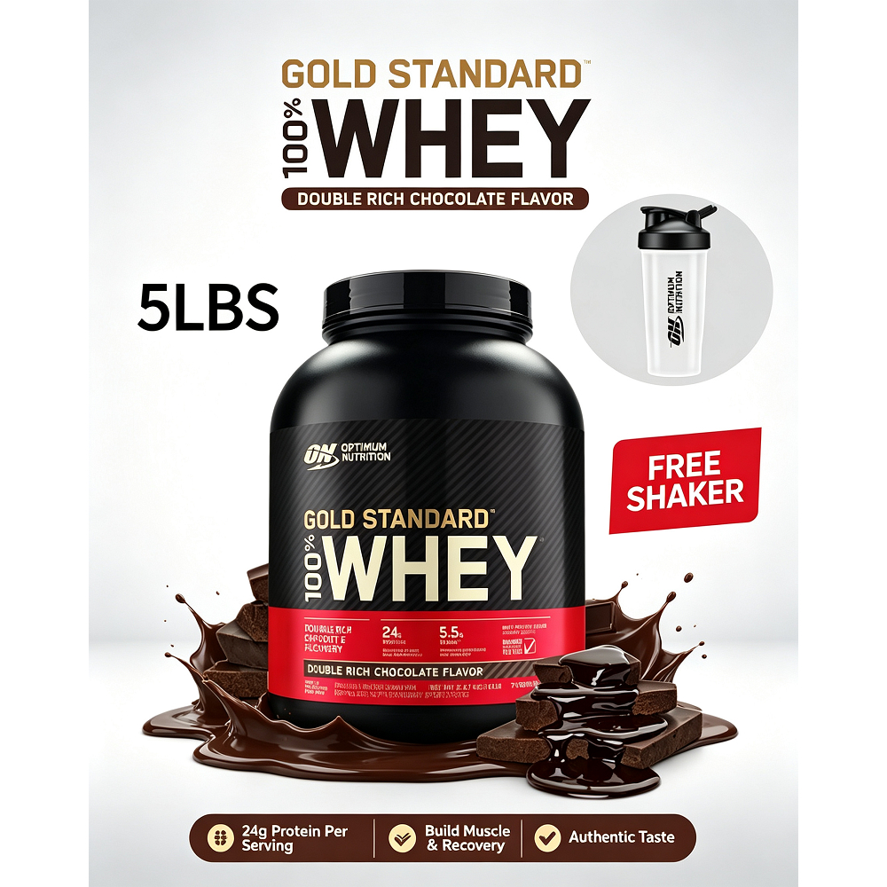 Optimum Nutrition Gold Standard 100% เวย์โปรตีน 5LBS Double Rich Chocolate Muscle Gain & Recovery อาหารเสริมฟรี Shaker