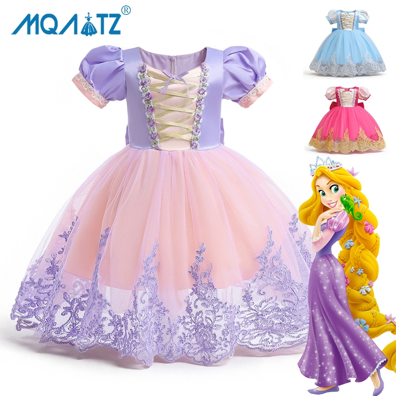 MQATZ Rapunzel คอสเพลย์ชุดเด็กผู้หญิงสําหรับเด็กเด็กเครื่องแต่งกายดอกไม้วันเกิดชุดเจ้าหญิงชุดปาร์ตี้