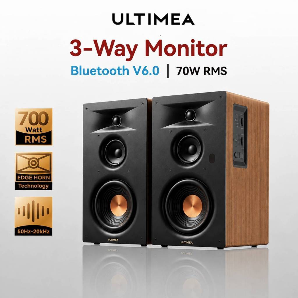 ULTIMEA 2.0 ลําโพงมอนิเตอร์ 3 ทางพร้อมวูฟเฟอร์ 5.25", 70W RMS, Bluetooth V6.0, เทคโนโลยี Edge Horn & BassMX, ลําโพงสําหรับเครื่องเล่นบันทึก, Auracast, BS-3