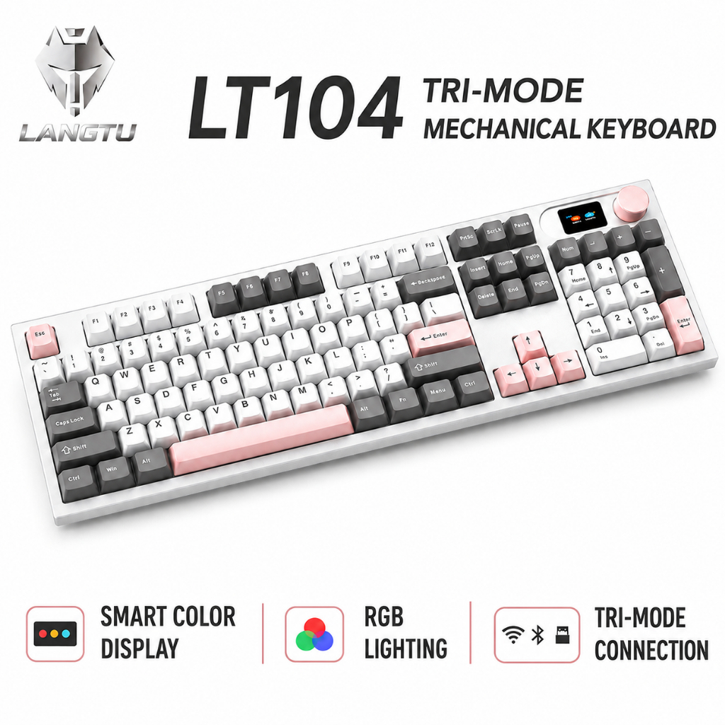 LANGTU LT104 Tri-Mode Mechanical Keyboard Hot-Swappable RGB Backlighting สมาร์ทจอแสดงผล + มัลติฟังก์
