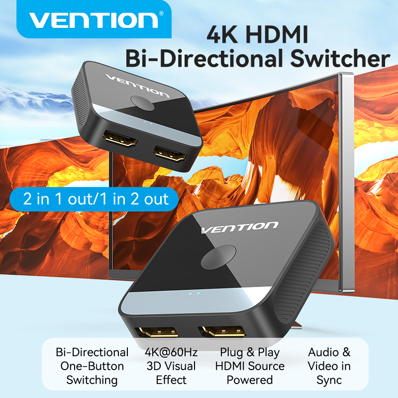 Vention  ตัวสลับสัญญาณ HDMI 4K 60Hz มีของแถม HDMI 2.0  1in 2 out / 2in 1out สำหรับ อะแดปเตอร์แปลง PC