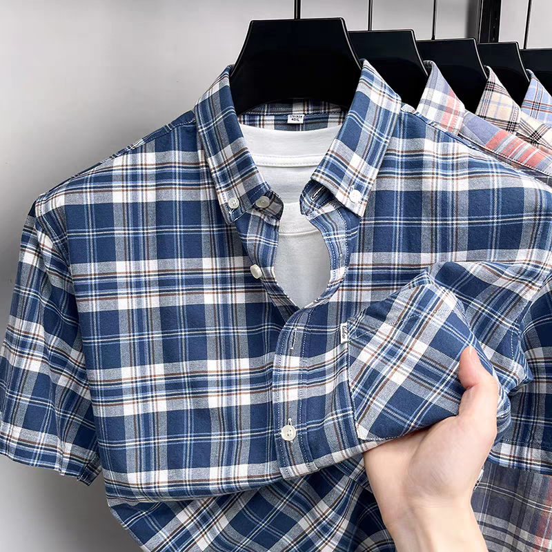 เสื้อเชิ้ตคอปกผ้าฝ้ายลายสก๊อตสีฟ้าสําหรับผู้ชายทรงหลวมใส่สบายระบายอากาศได้ดี