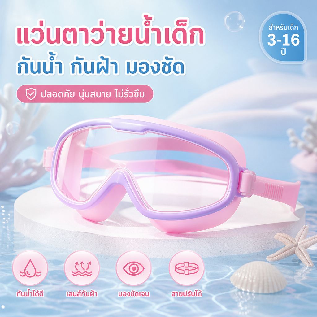 แว่นตาว่ายน้ำเด็ก มุมกว้าง HD ซิลิโคนซีลป้องกันหมอกกันน้ํา ป้องกันแสงแดด UV สำหรับเด็กอายุ 3-16 ปี ปรับระดับได้